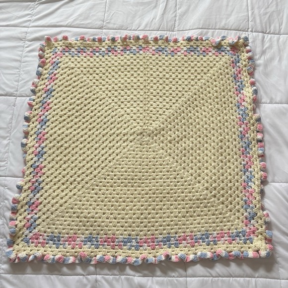 Handmade Other - Vintage Handmade Pastel Crochet Baby Blanket Yellow Pink Nursery 34x34 Square